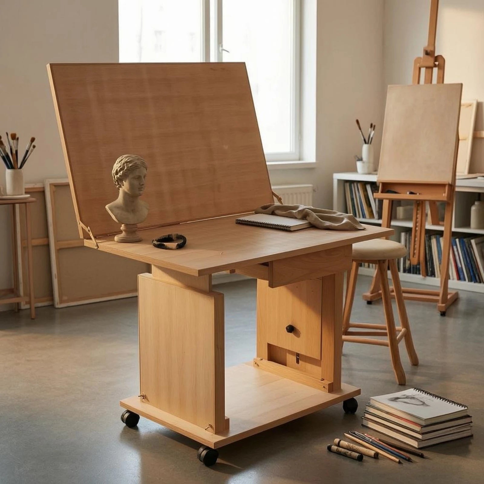 Adjustable Still Life Table Beech Wood Tilting Drawing Table Studio Furniture Easy Assembly Storage Drawers for Sketching