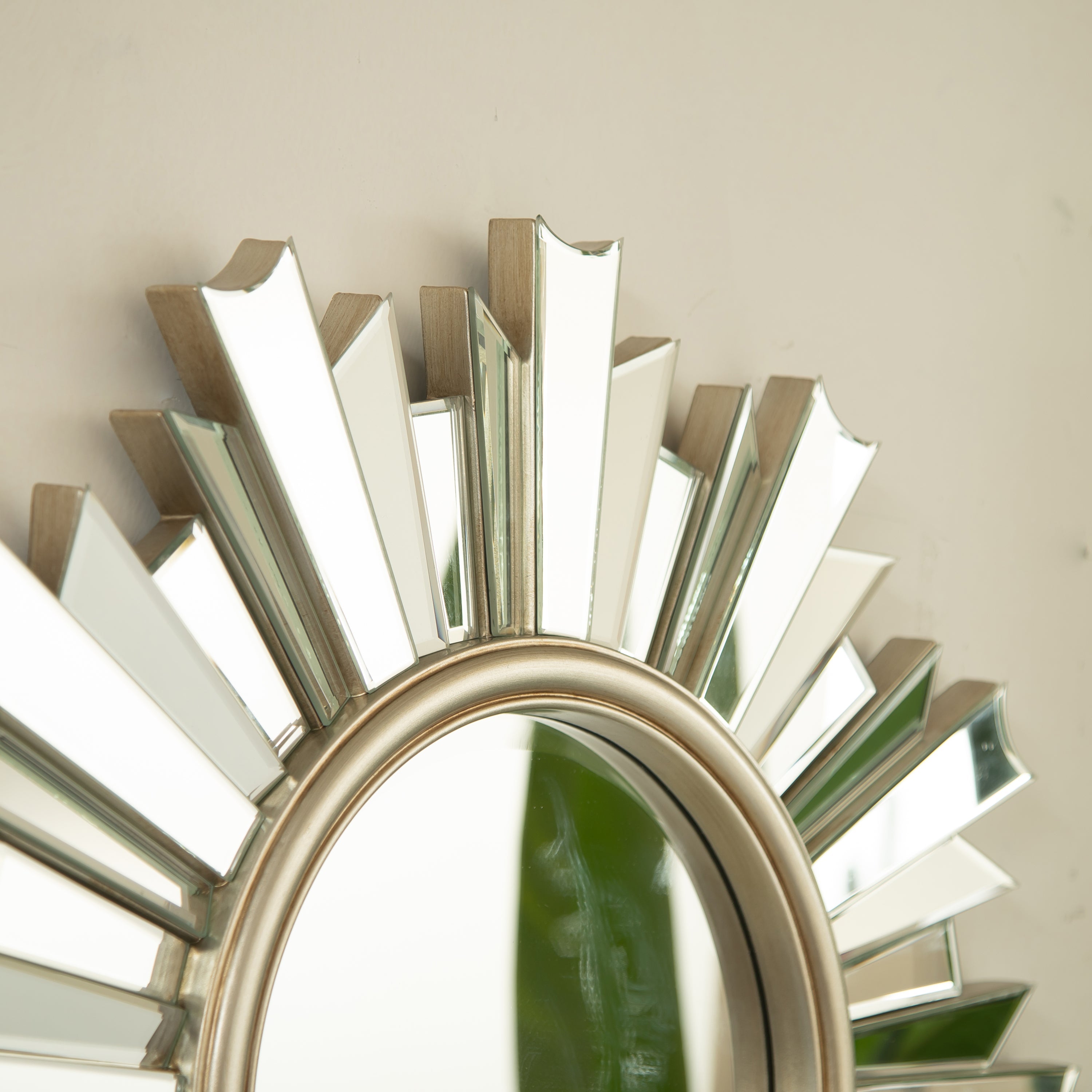Sunburst Wall Mirror – PU Frame Silver 25.59" diameter for Bathroom,