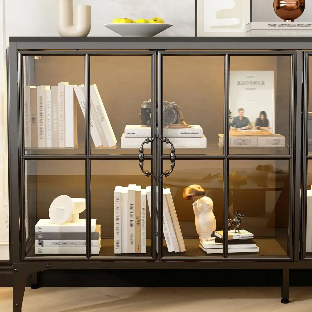 63 Wide Metal LED-lit Sideboard with Tempered Glass Doors for Living, Dining, Kitchen Spaces in Black
