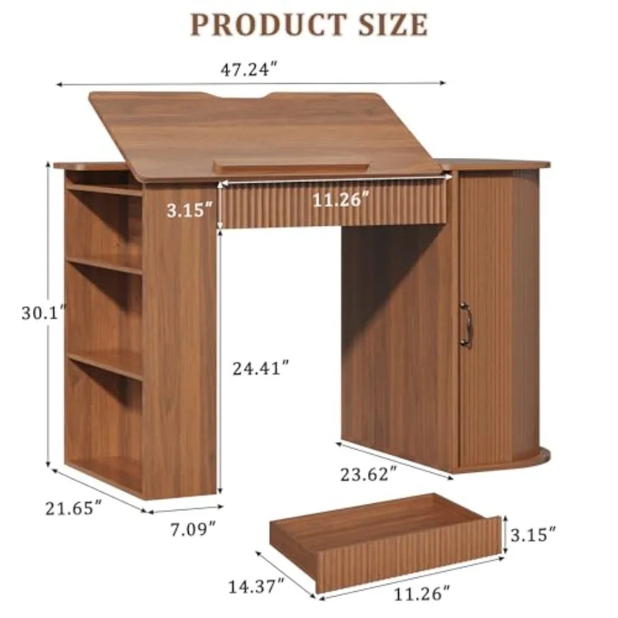 Drafting Table with Storage Cabinet and Drawers Crafting Table with Open Shelves Fluted Drawing Desk Computer Desk for Artists