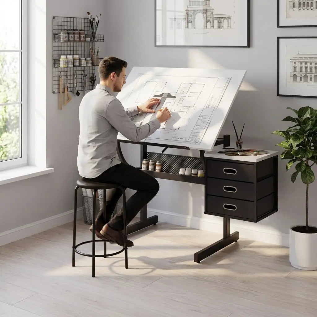 Adjustable Art Desk with Storage, 0-75° Tilting Drafting Table, 3 Drawers, Free Stool - Ideal for Diamond Painting,, Customized