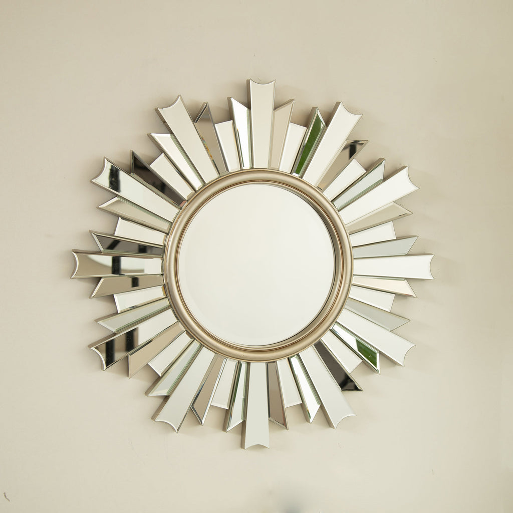 Sunburst Wall Mirror – PU Frame Silver 25.59" diameter for Bathroom,