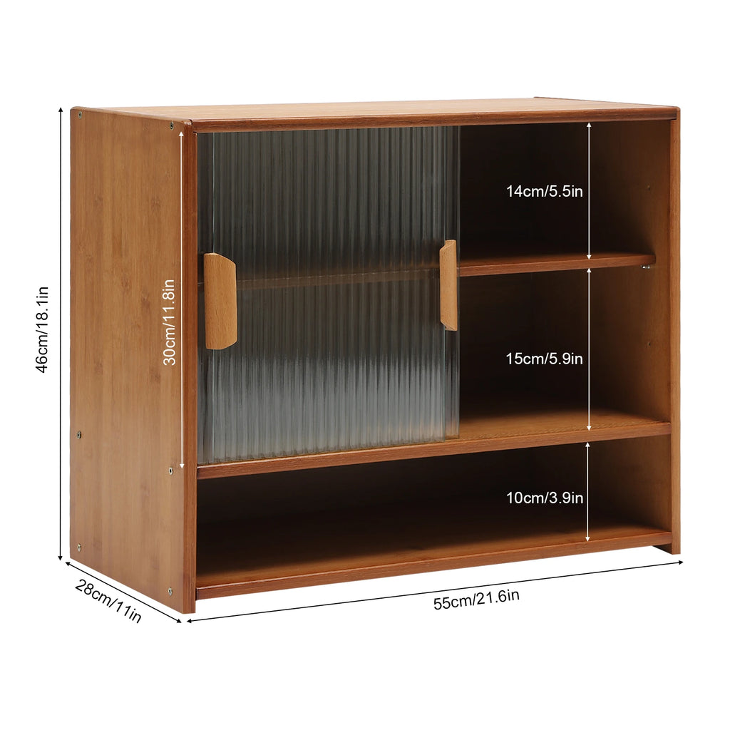 Bymaocar Display Cabinet Kitchen Pantry Sideboard Storage Cabinet Bamboo Glass Vertical Stripe Door 3 Tier Open Platform 21.6x11 inch Adjustable Shelf 33 lbs Load Dust Proof Smooth Slide for Kitchen Dining Room Living Room