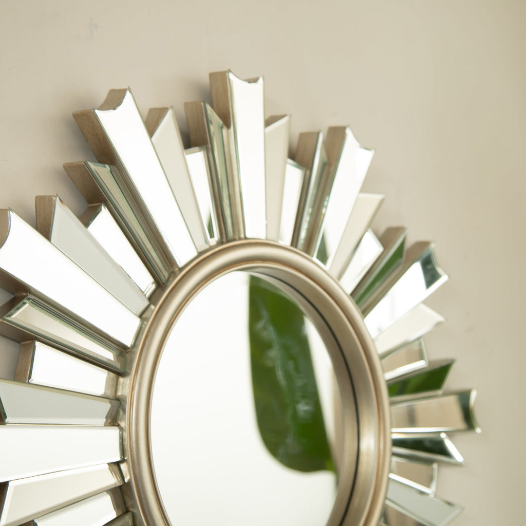 Sunburst Wall Mirror – PU Frame Silver 25.59" diameter for Bathroom,