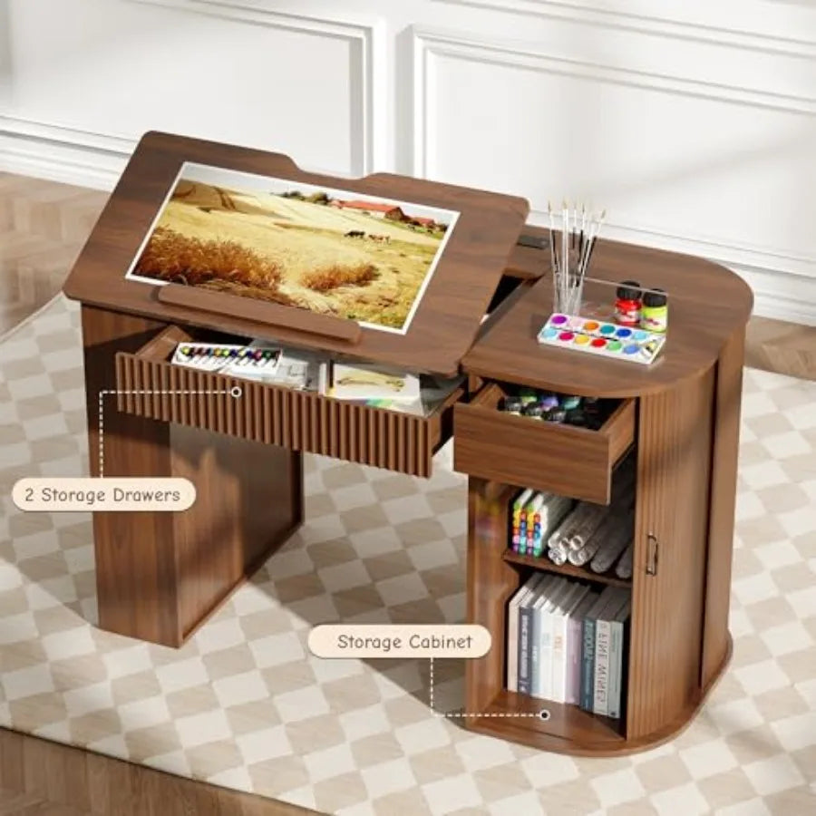 Drafting Table with Storage Cabinet and Drawers Crafting Table with Open Shelves Fluted Drawing Desk Computer Desk for Artists