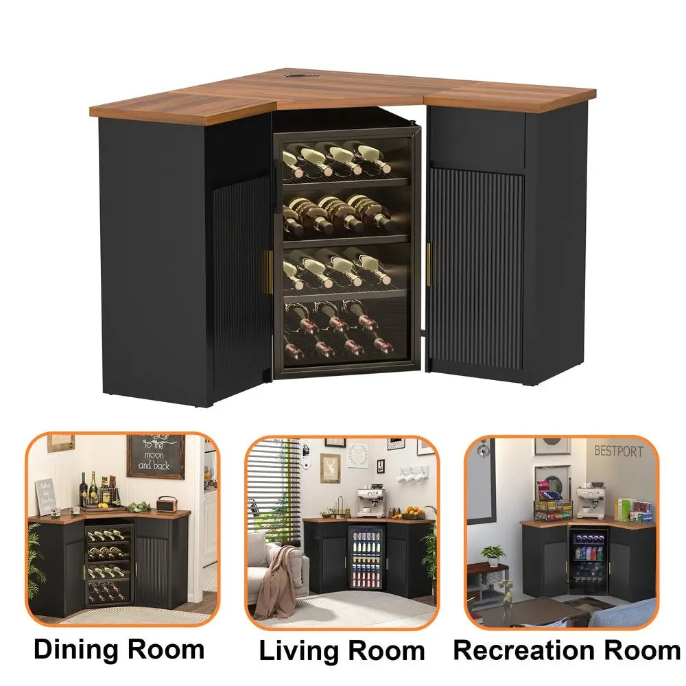 Corner Bar Cabinet with Fridge Space, Corner Coffee Bar Station with Storage, L Shaped Liquor Wine Cabinet for Home