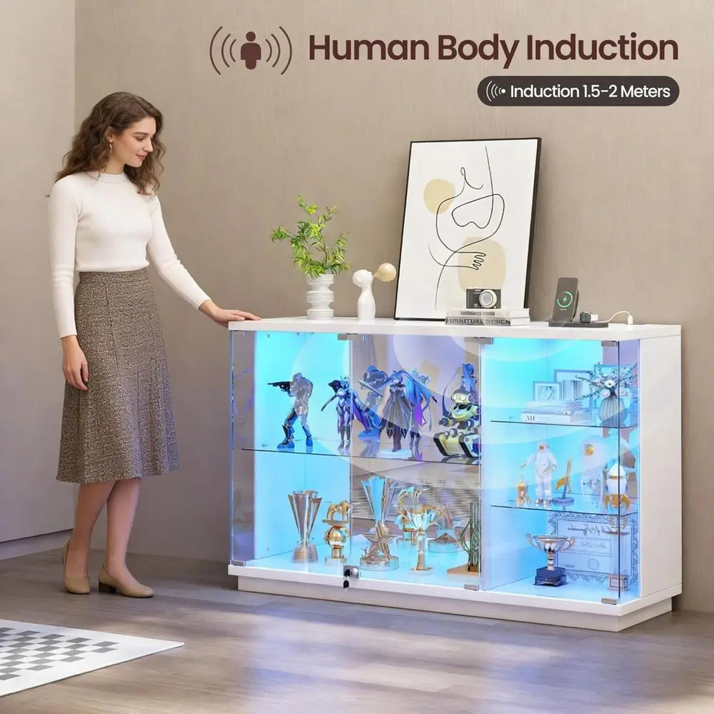 47.2 White Glass Display Cabinet with 3-Color LED, 5-Tier Lockable Curio Cabinet, Human Body Sensor, Charging Station for Collec