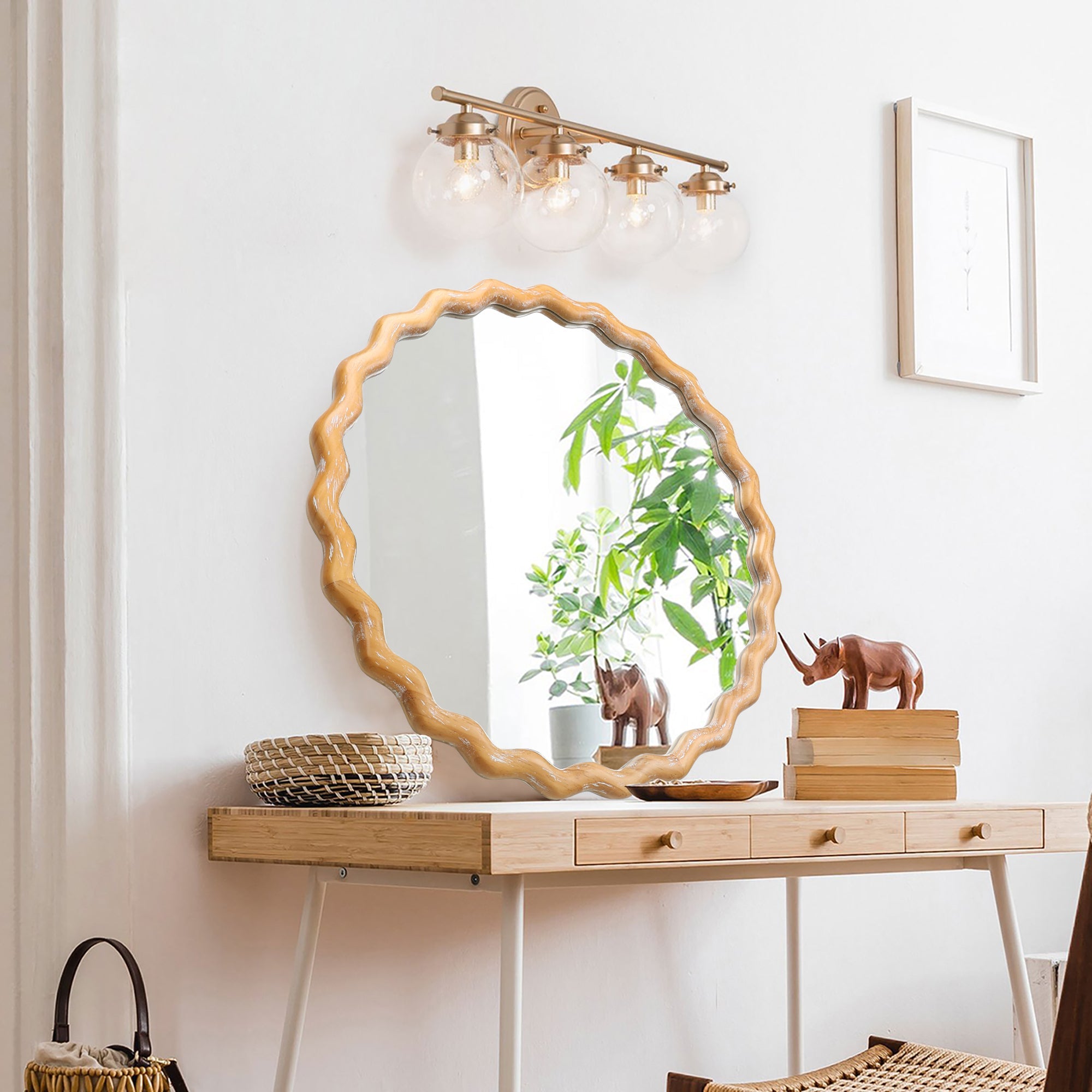 Round Wall Mirror – Farmhouse Wood Frame Antique Natural 27.56" x