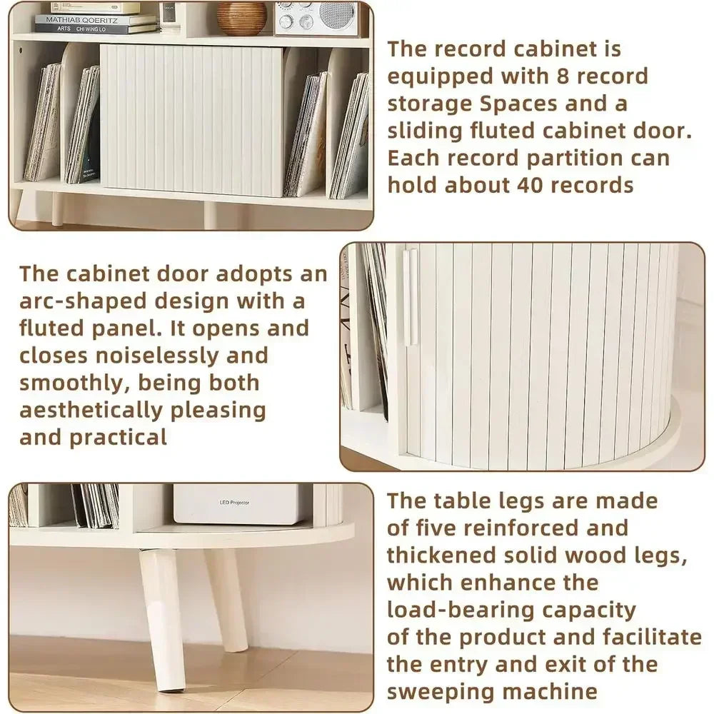 Large Round Record Player Stand with Charging Station & luted Panel, White Century ern Turntable Cabinet with Vinyl Storage, Arc