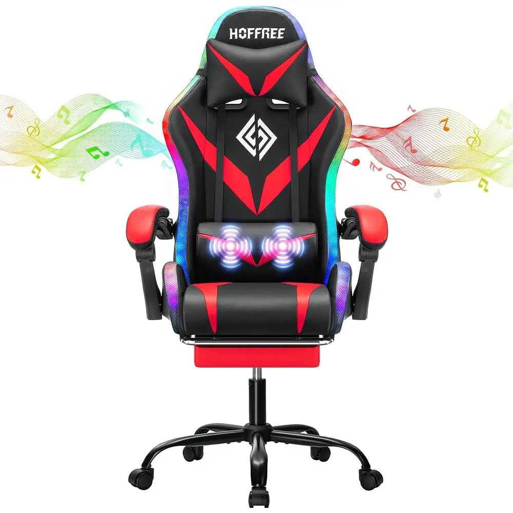 Ergonomic Gaming Chair with Speakers, Massage, Lights, and Recline for Adults in Red and Black