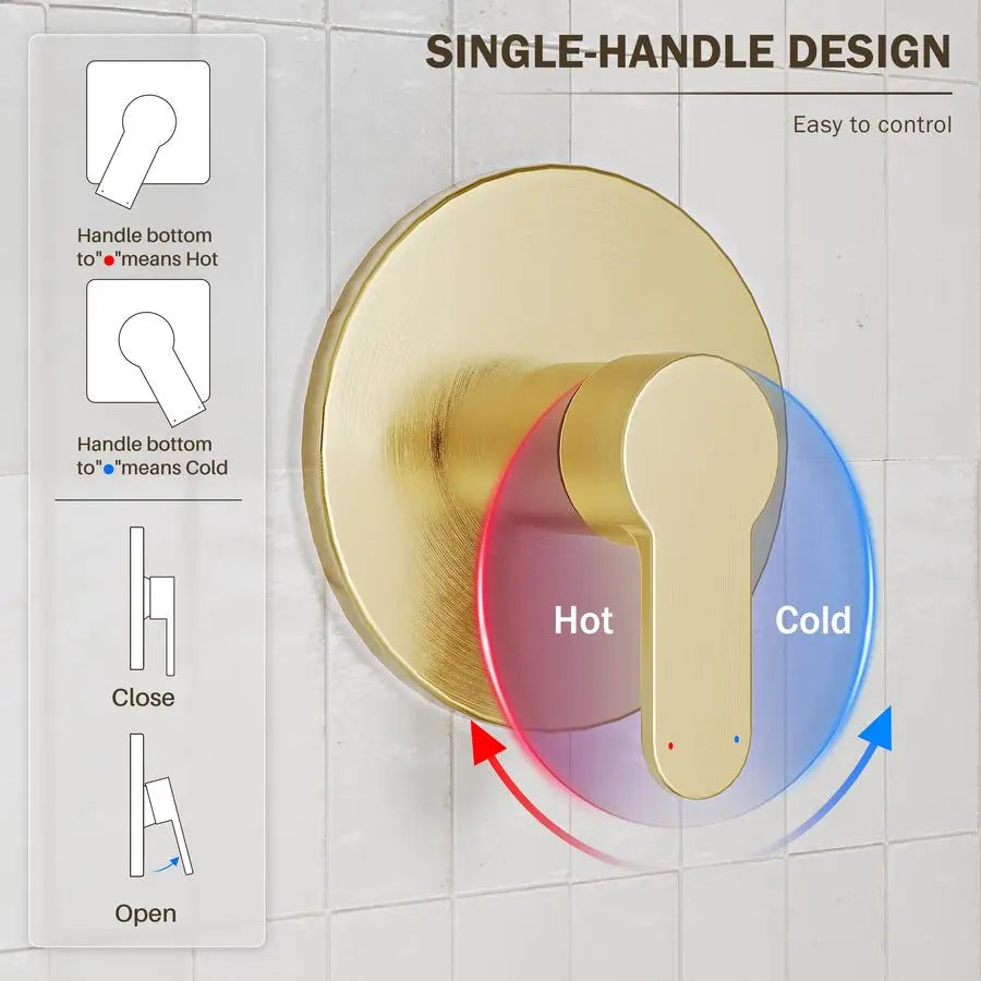 Shower Faucet, Brushed Gold Shower Faucet Set with 6Inch AllMetal Rainfall Showerhead and Bathtub Spout, SingleHandle Tub Shower