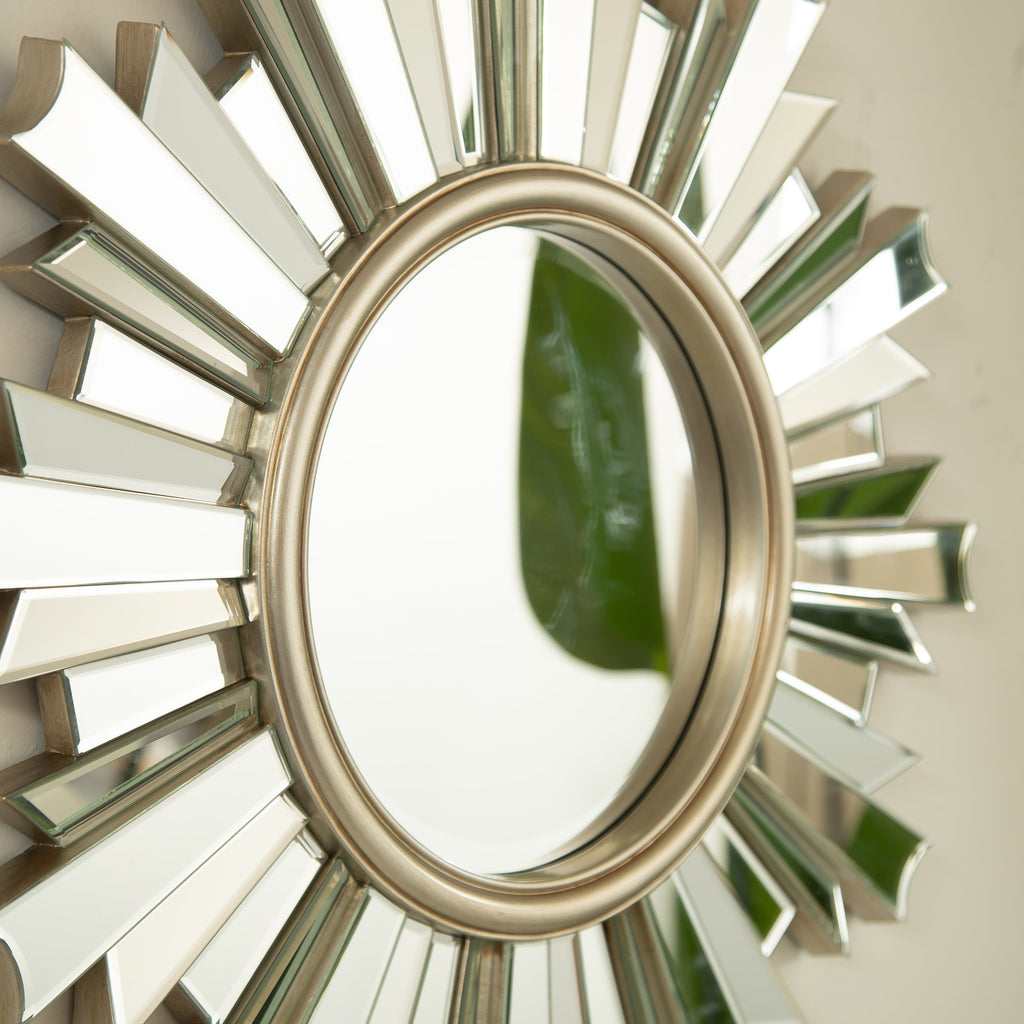 Sunburst Wall Mirror – PU Frame Silver 25.59" diameter for Bathroom,