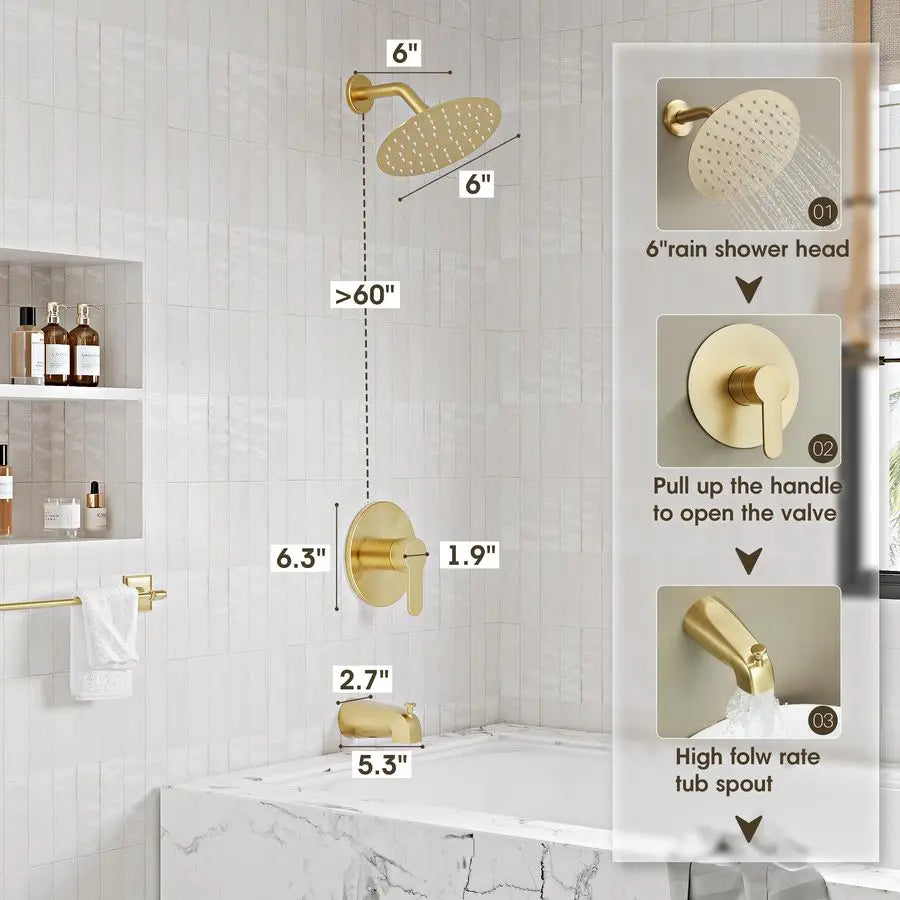 Shower Faucet, Brushed Gold Shower Faucet Set with 6Inch AllMetal Rainfall Showerhead and Bathtub Spout, SingleHandle Tub Shower
