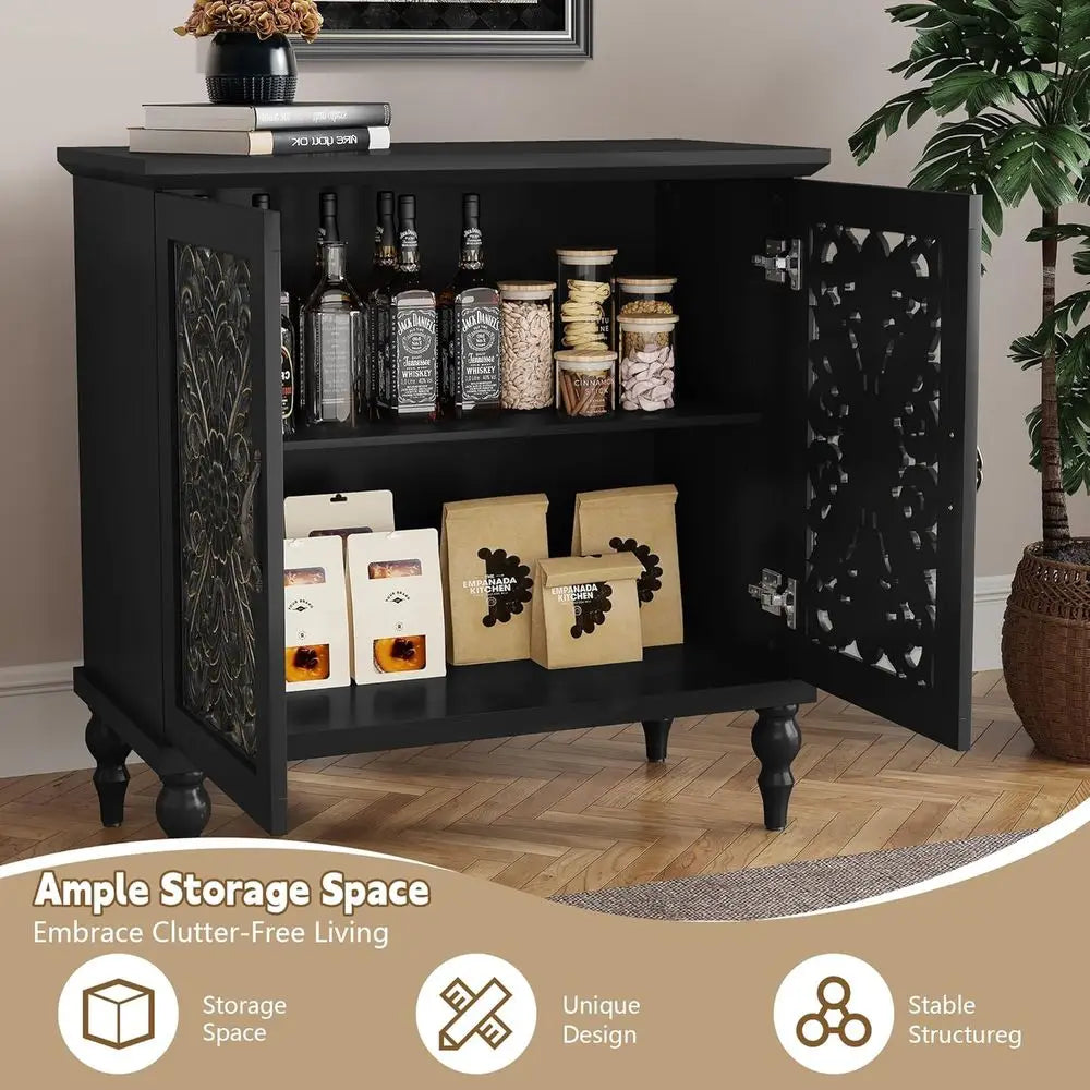 Vintage Carved Wood Accent Cabinet, Storage Sideboard for Living Room, Kitchen, Dining Room, Entryway, Hallway in Black