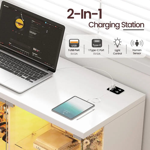 47.2 White Glass Display Cabinet with 3-Color LED, 5-Tier Lockable Curio Cabinet, Human Body Sensor, Charging Station for Collec