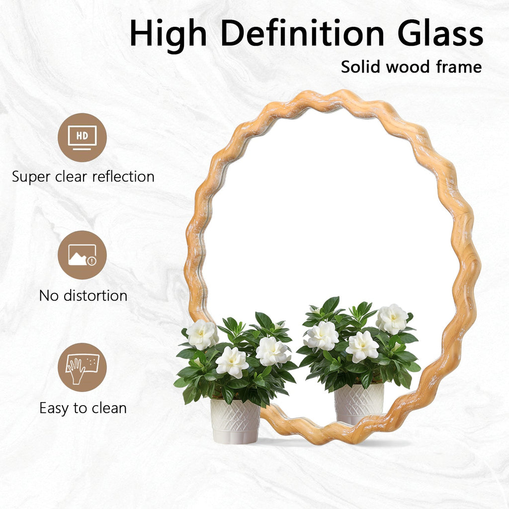 Round Wall Mirror – Farmhouse Wood Frame Antique Natural 27.56" x