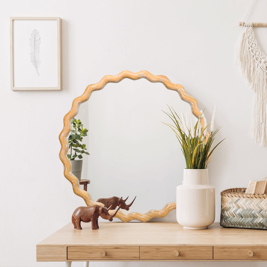 Round Wall Mirror – Farmhouse Wood Frame Antique Natural 27.56" x