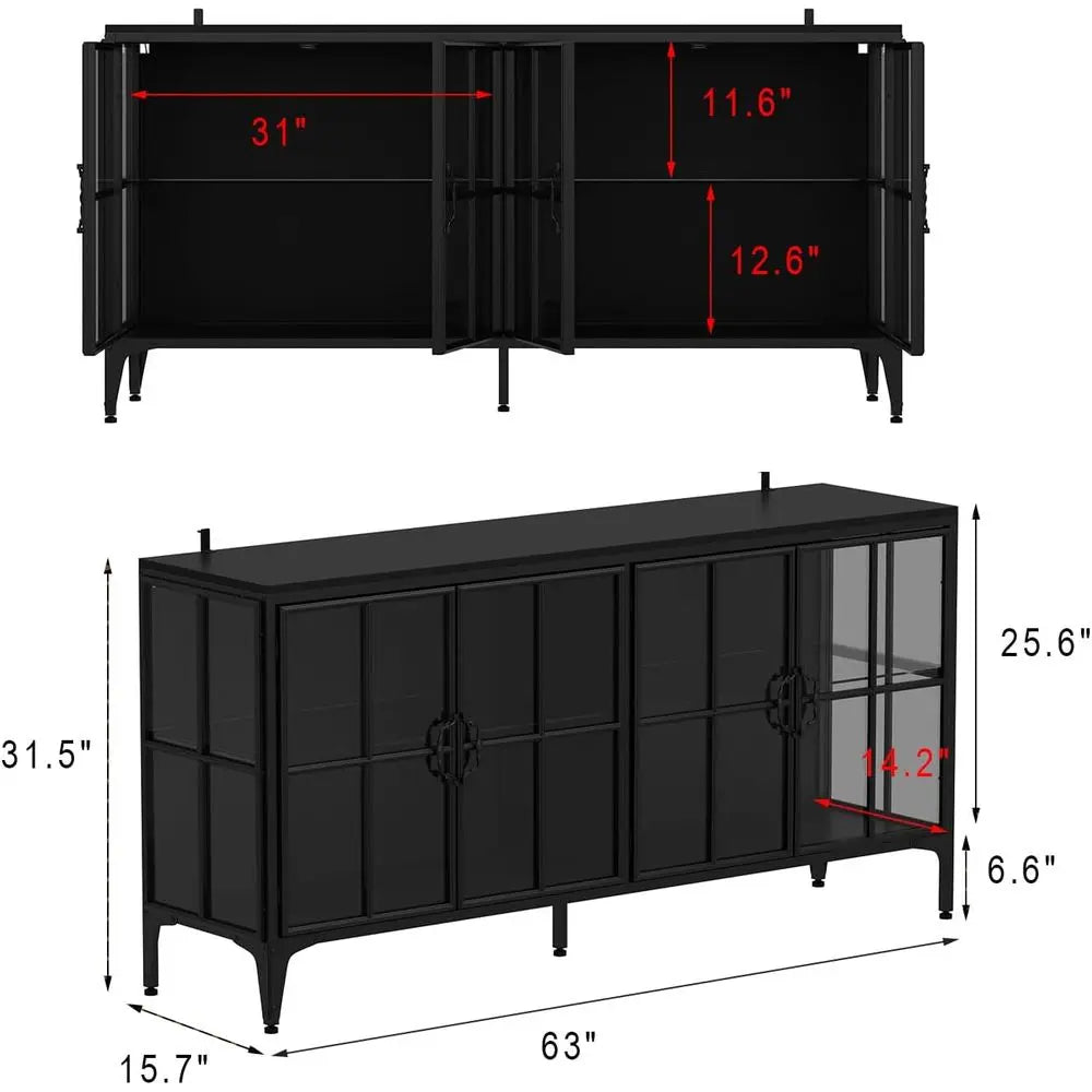 63 Wide Metal LED-lit Sideboard with Tempered Glass Doors for Living, Dining, Kitchen Spaces in Black