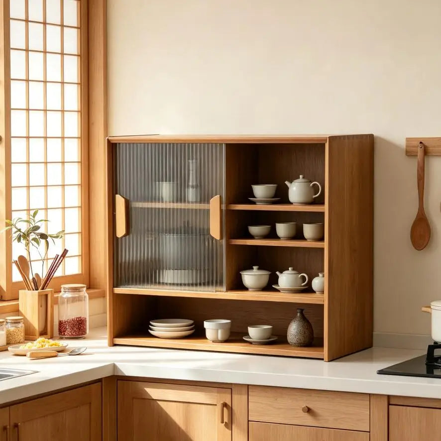 Bymaocar Display Cabinet Kitchen Pantry Sideboard Storage Cabinet Bamboo Glass Vertical Stripe Door 3 Tier Open Platform 21.6x11 inch Adjustable Shelf 33 lbs Load Dust Proof Smooth Slide for Kitchen Dining Room Living Room