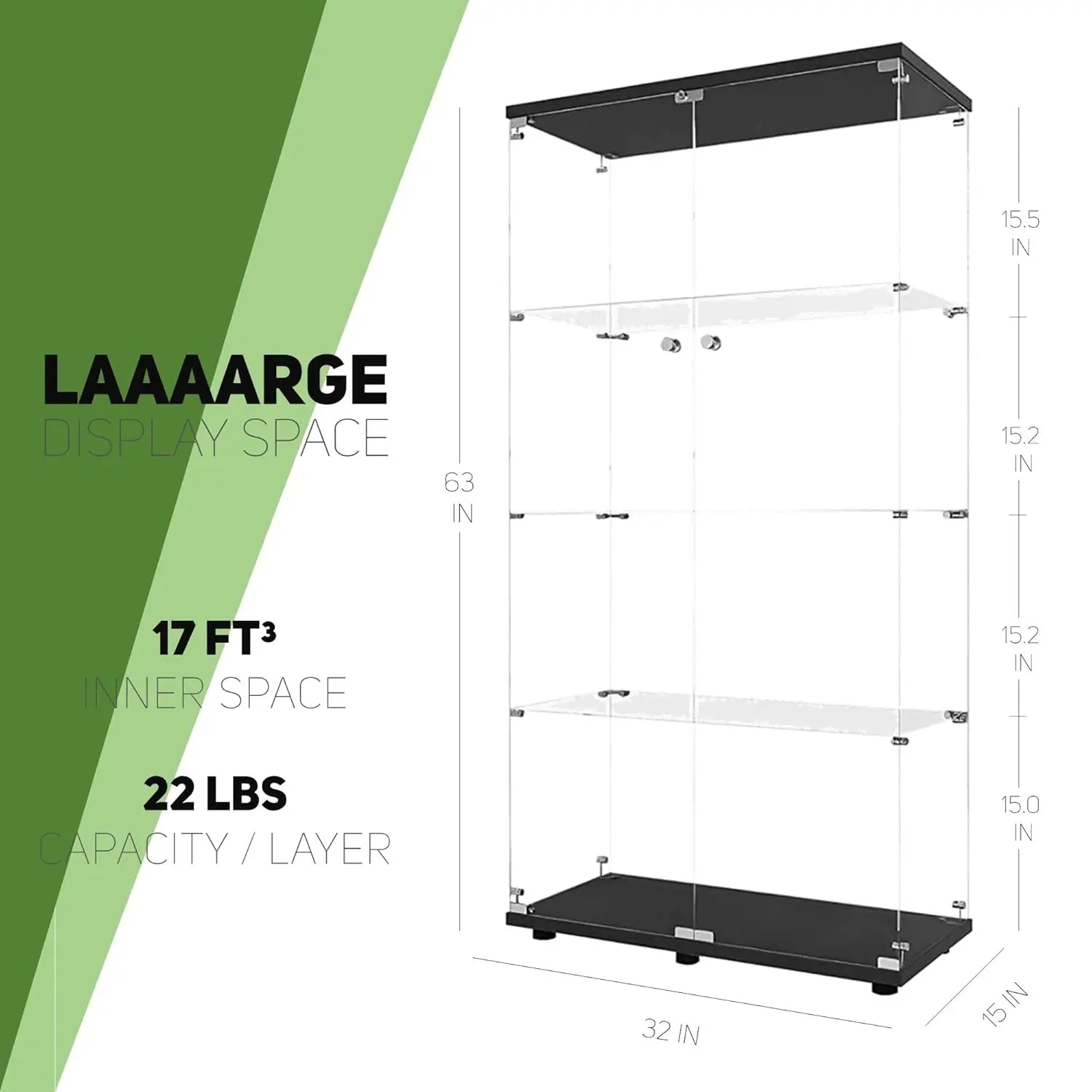 Glass Display Cabinet with 4 Shelves, 2 Doors Curio Cabinets for Living Room, Bedroom, Office, Floor Standing, Customized