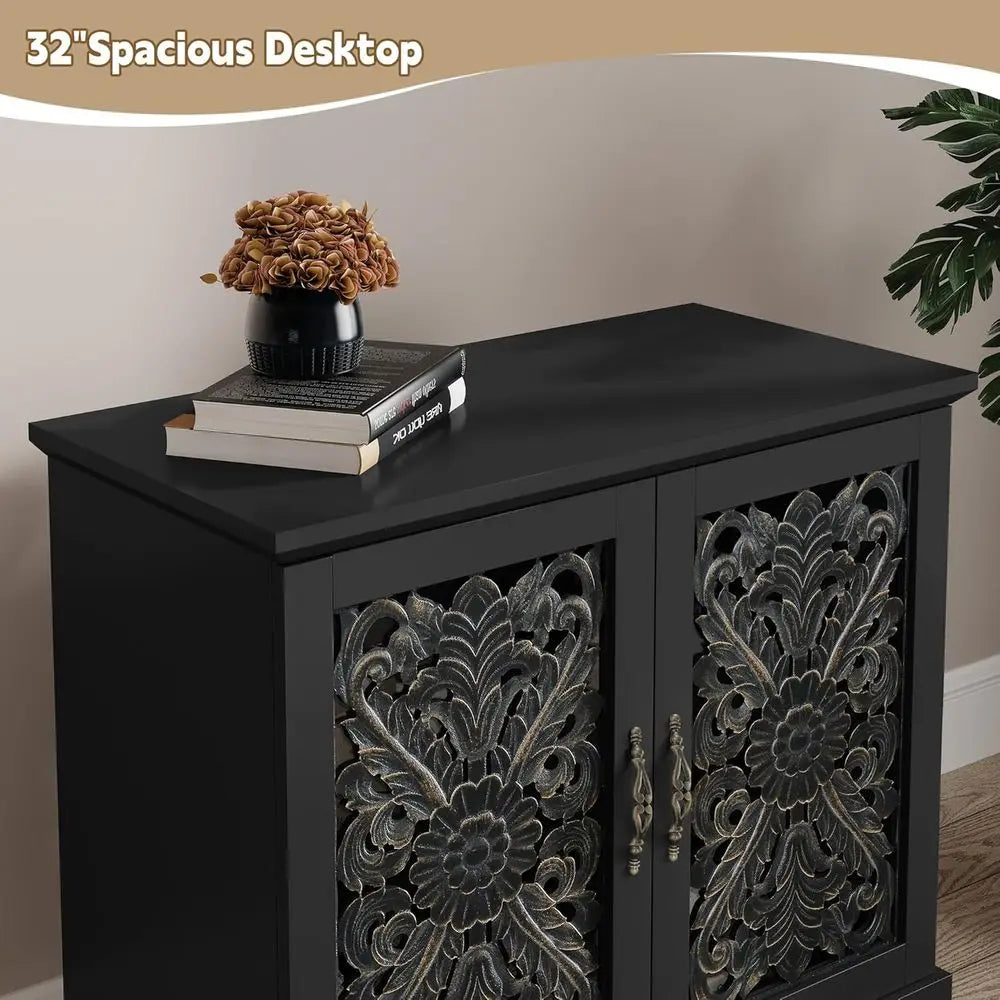 Vintage Carved Wood Accent Cabinet, Storage Sideboard for Living Room, Kitchen, Dining Room, Entryway, Hallway in Black