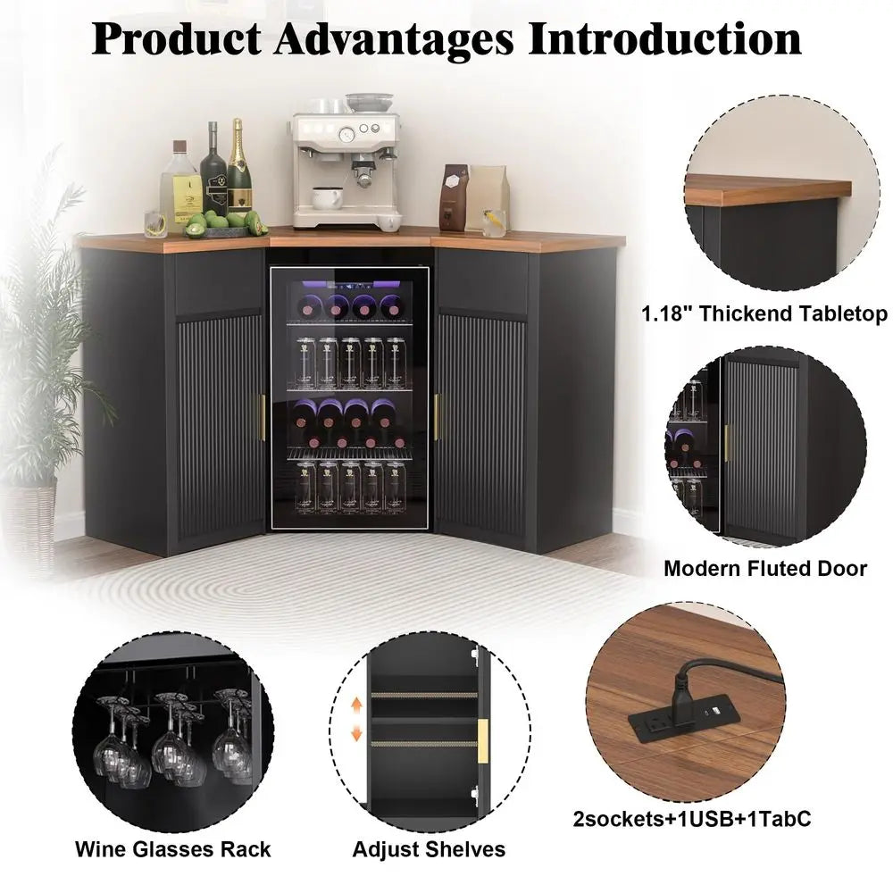 Corner Bar Cabinet with Fridge Space, Corner Coffee Bar Station with Storage, L Shaped Liquor Wine Cabinet for Home