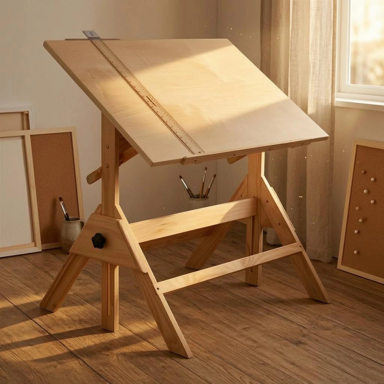 Adjustable Drafting Table L-Shaped Drafting Ruler Included Wooden Drafting Table Tilting Art Desk Built-in Ruler