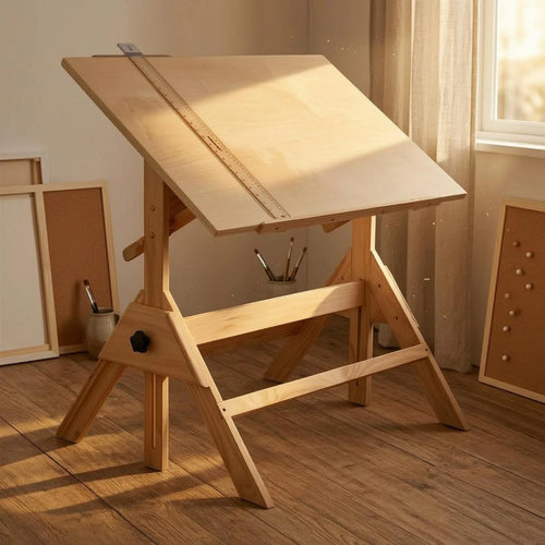 Adjustable Drafting Table L-Shaped Drafting Ruler Included Wooden Drafting Table Tilting Art Desk Built-in Ruler