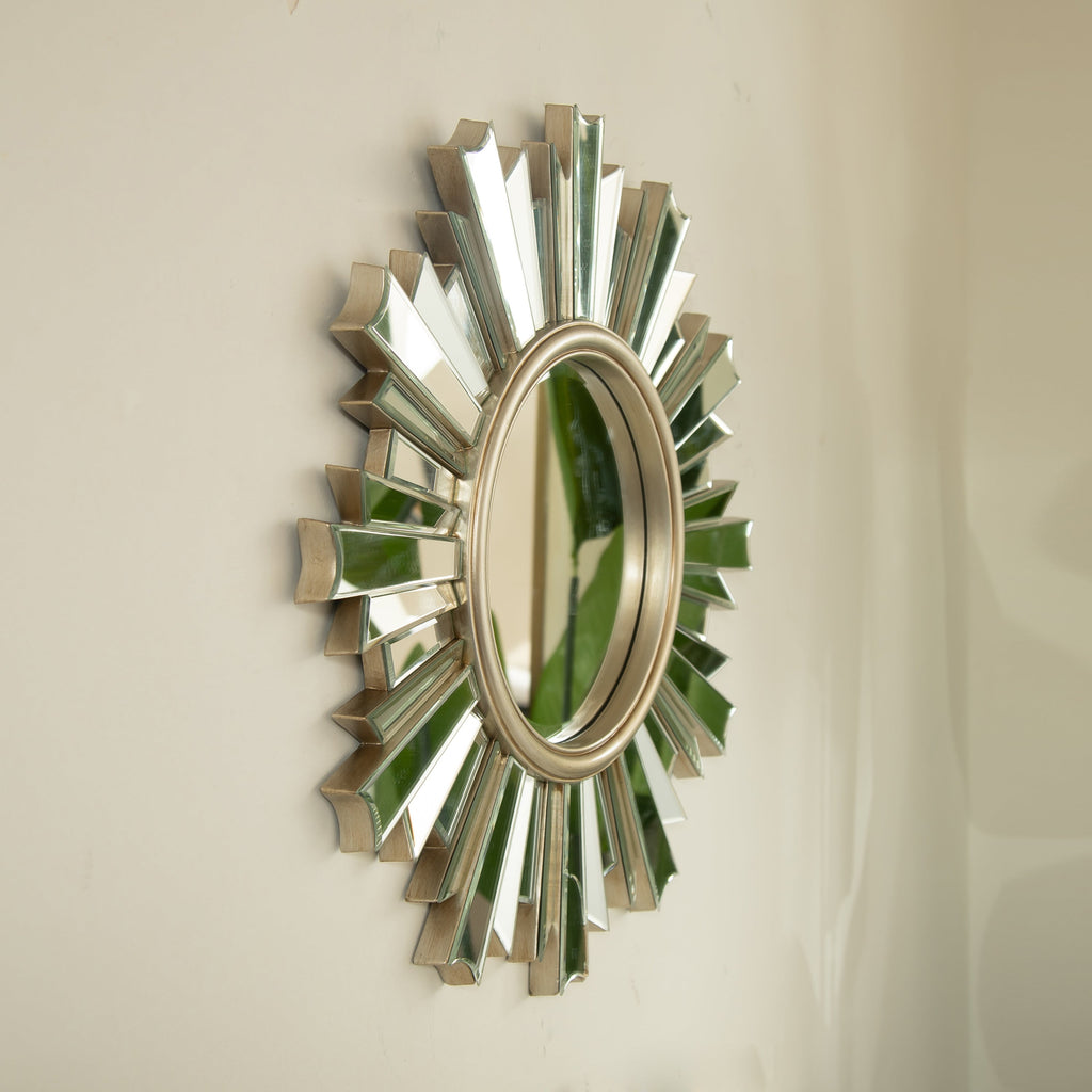 Sunburst Wall Mirror – PU Frame Silver 25.59" diameter for Bathroom,