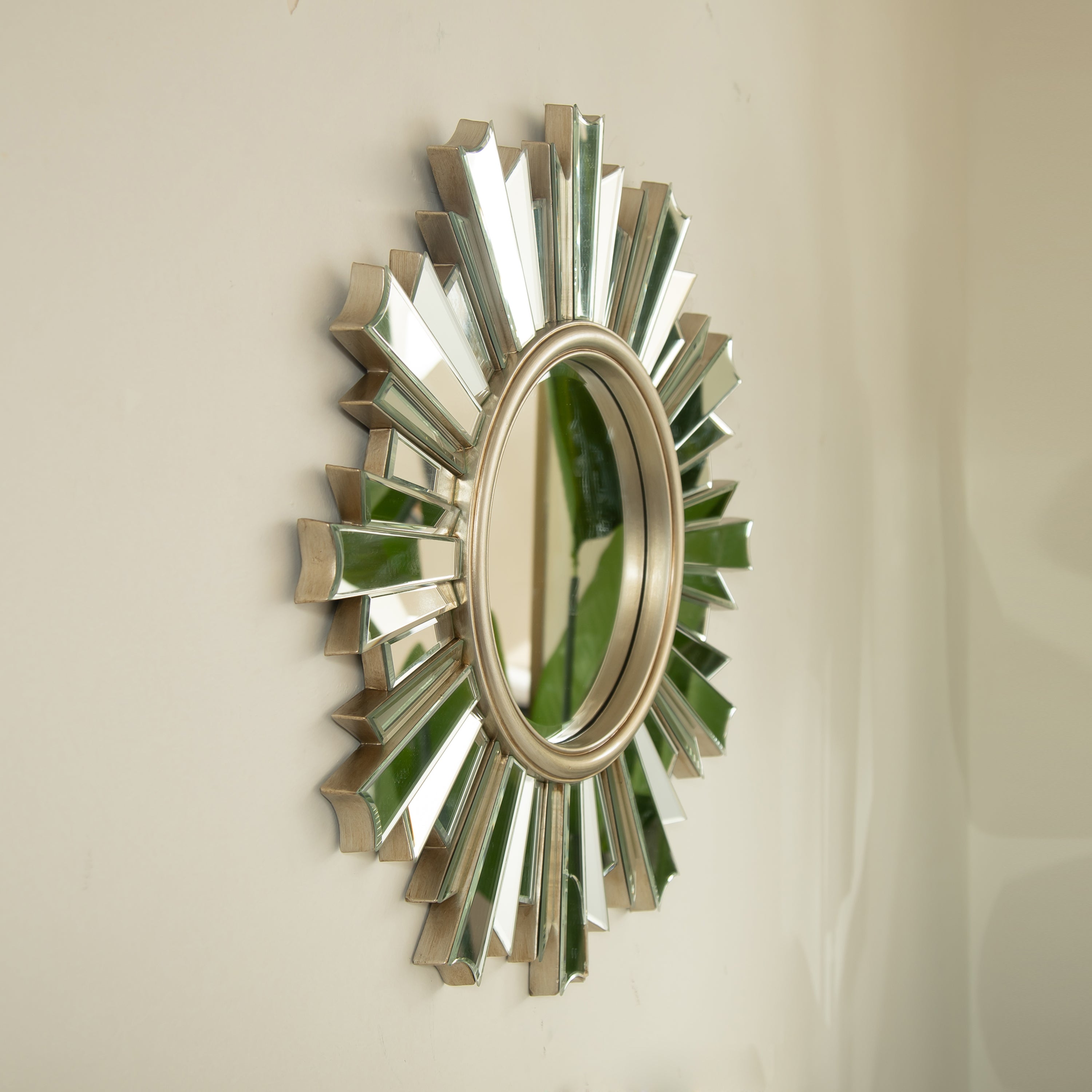 Sunburst Wall Mirror – PU Frame Silver 25.59" diameter for Bathroom,