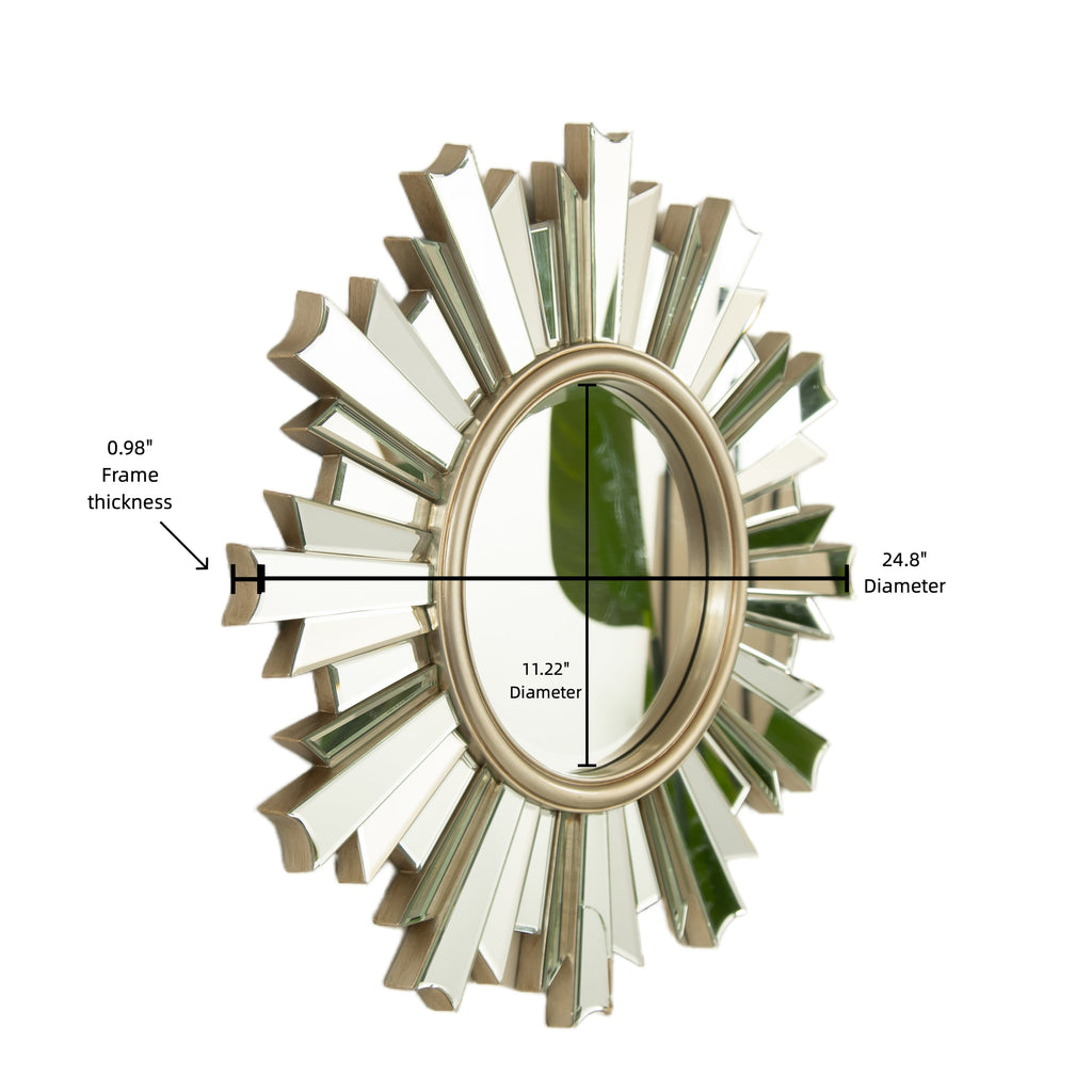 Sunburst Wall Mirror – PU Frame Silver 25.59" diameter for Bathroom,