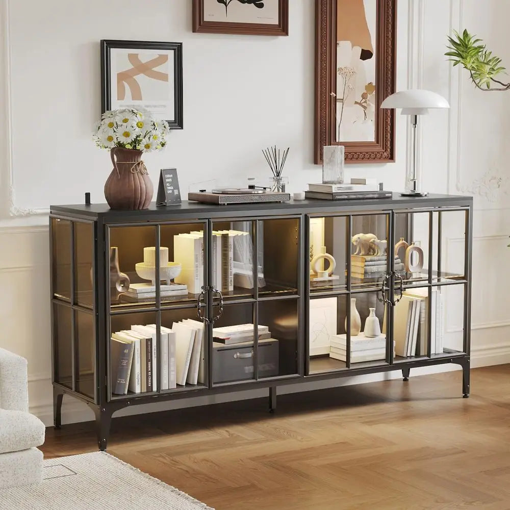 63 Wide Metal LED-lit Sideboard with Tempered Glass Doors for Living, Dining, Kitchen Spaces in Black