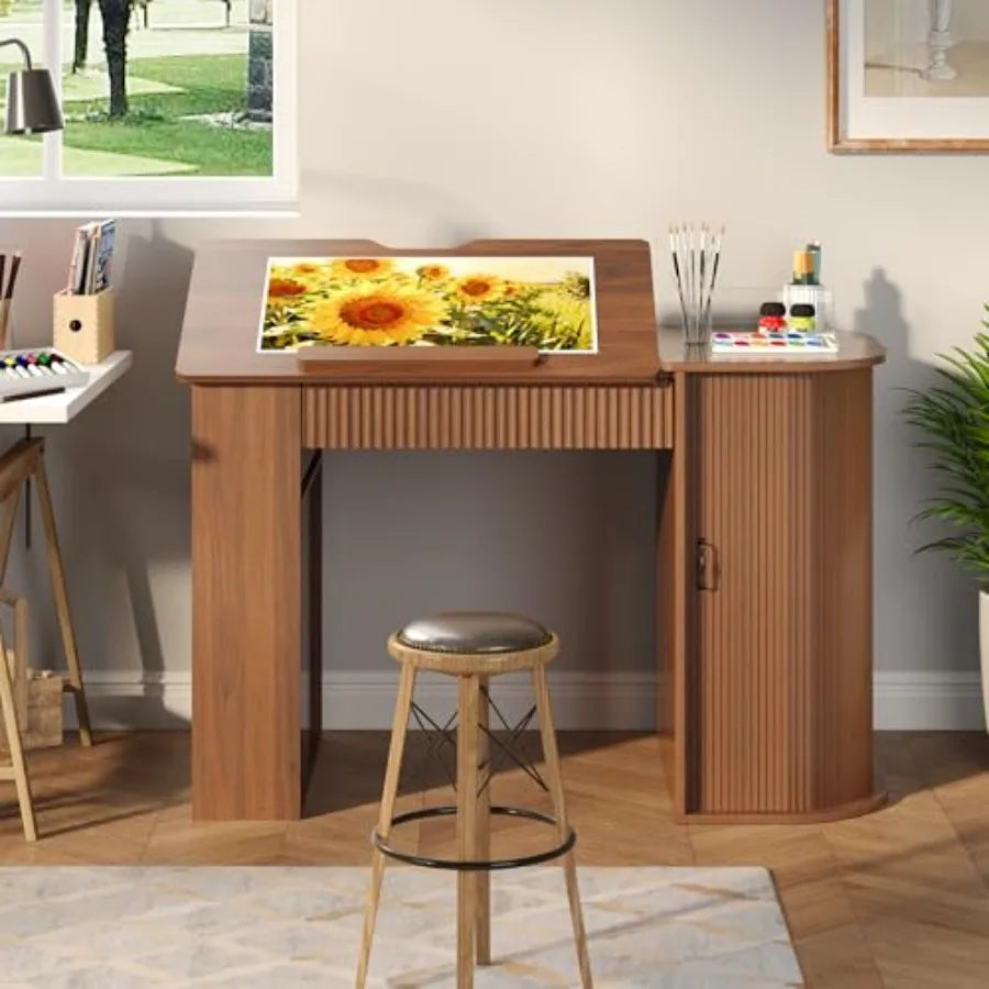 Drafting Table with Storage Cabinet and Drawers Crafting Table with Open Shelves Fluted Drawing Desk Computer Desk for Artists