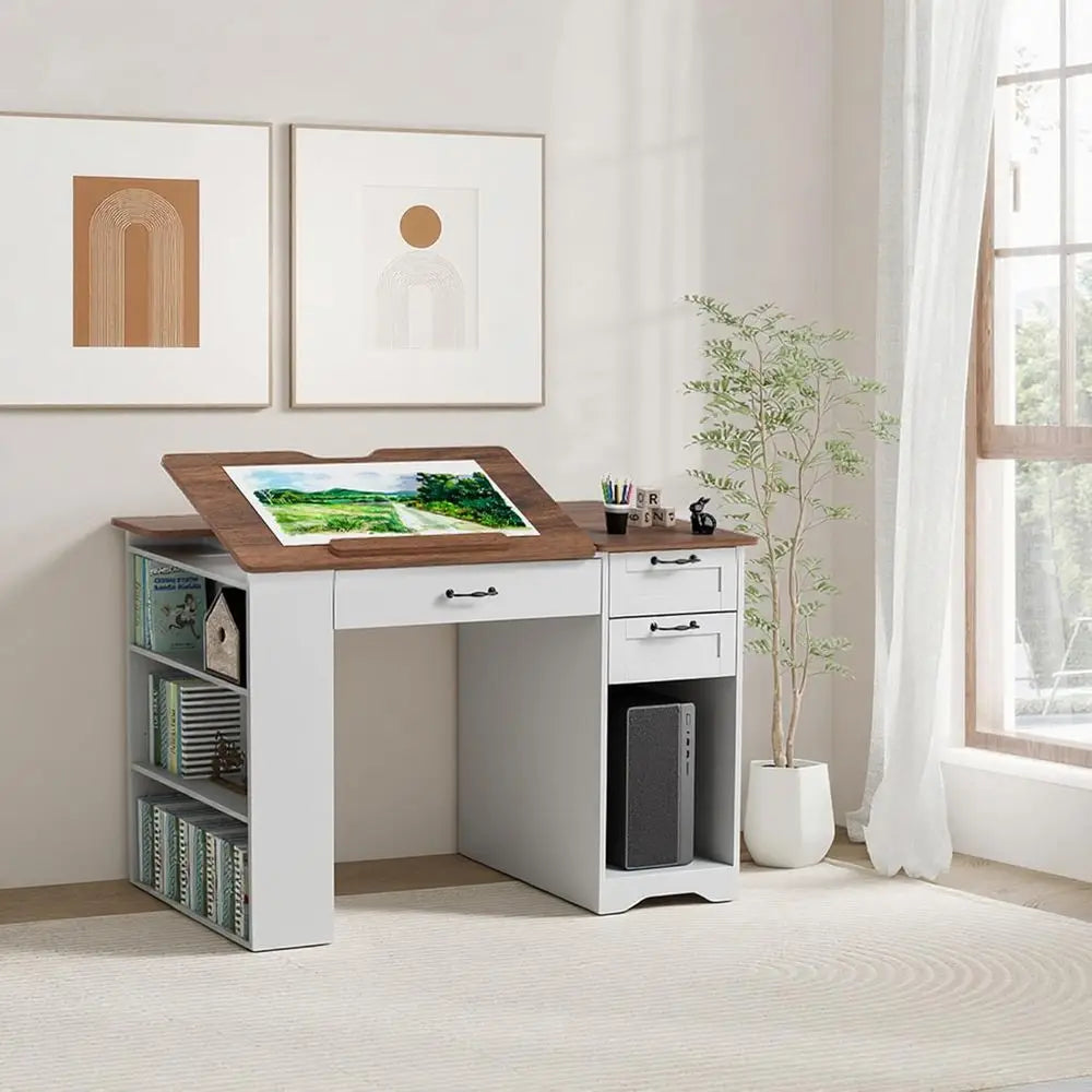 Drating Table with Storage Cabinet & Ders, Adjustable Ding Table with Open Shelves, Crat Art Desk or Artists, Painters, Ding, Cr