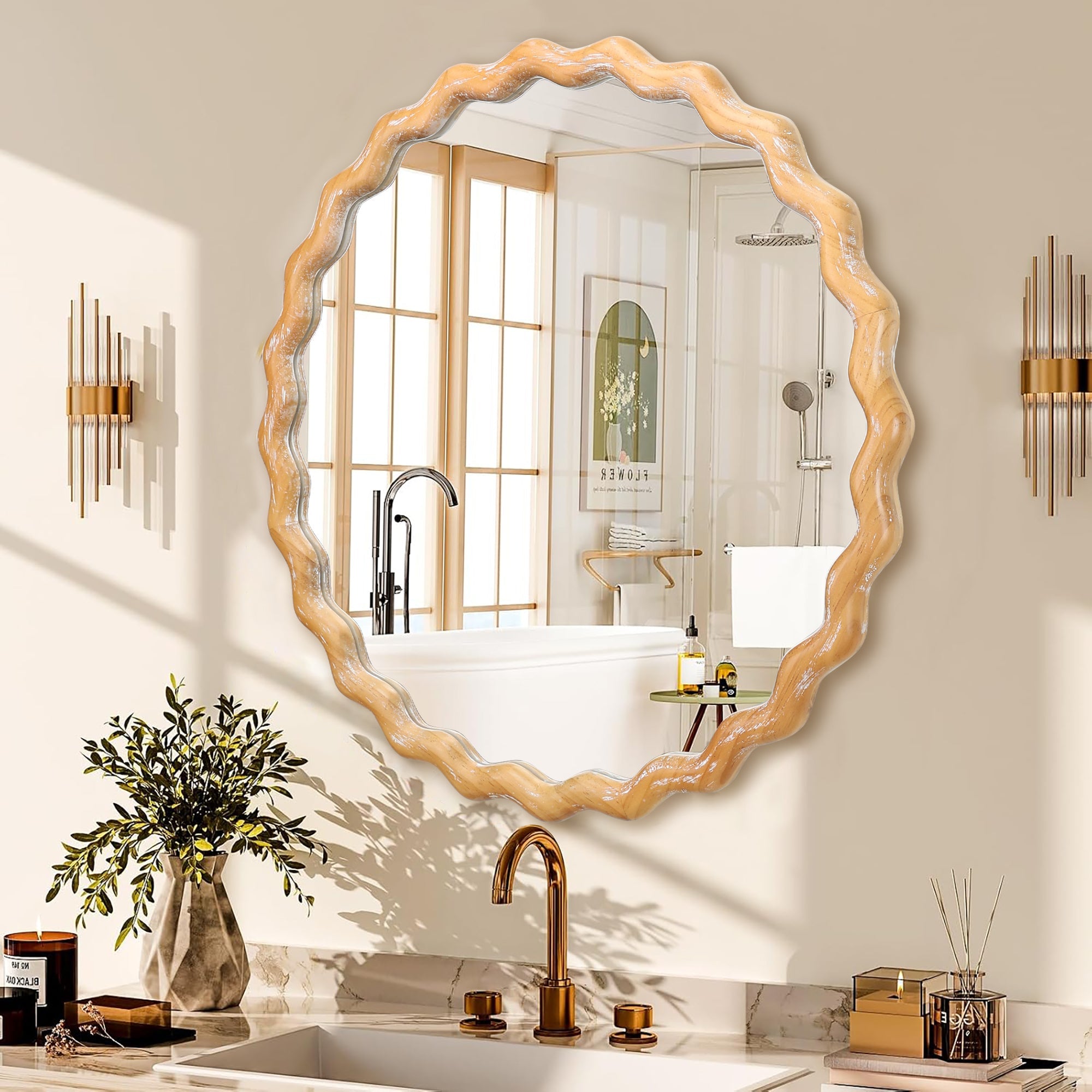Round Wall Mirror – Farmhouse Wood Frame Antique Natural 27.56" x