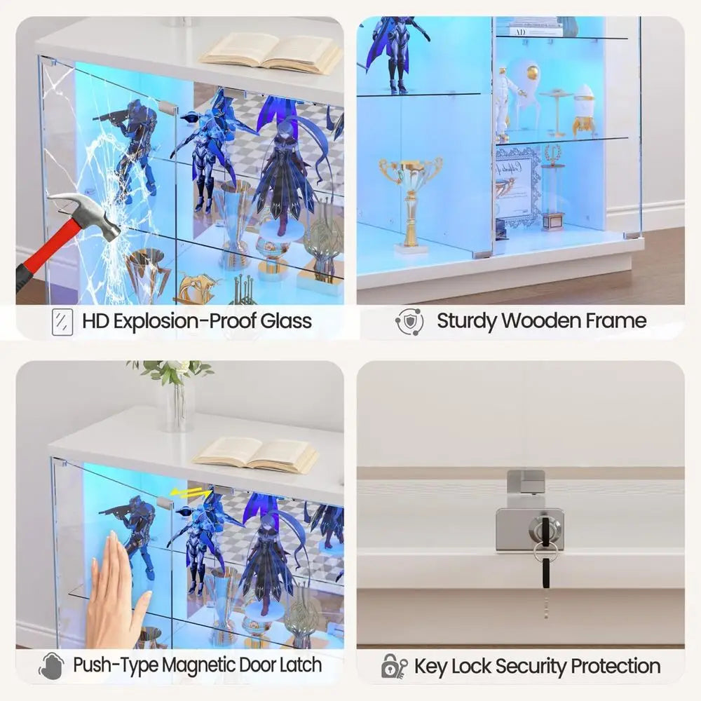 47.2 White Glass Display Cabinet with 3-Color LED, 5-Tier Lockable Curio Cabinet, Human Body Sensor, Charging Station for Collec