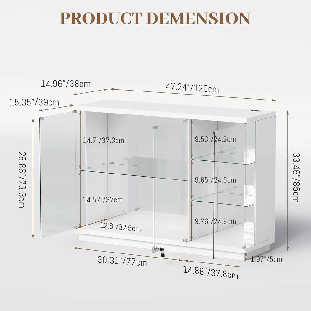 47.2 White Glass Display Cabinet with 3-Color LED, 5-Tier Lockable Curio Cabinet, Human Body Sensor, Charging Station for Collec
