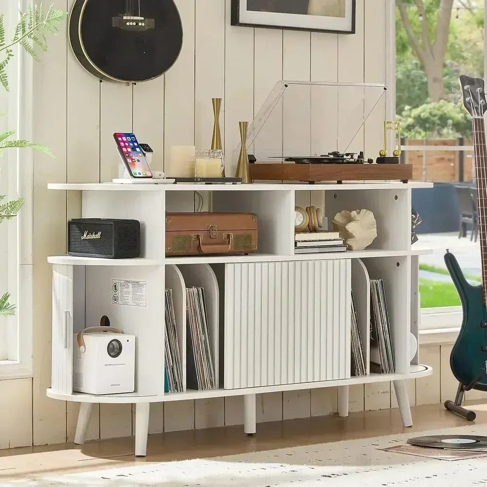 Large Round Record Player Stand with Charging Station & luted Panel, White Century ern Turntable Cabinet with Vinyl Storage, Arc