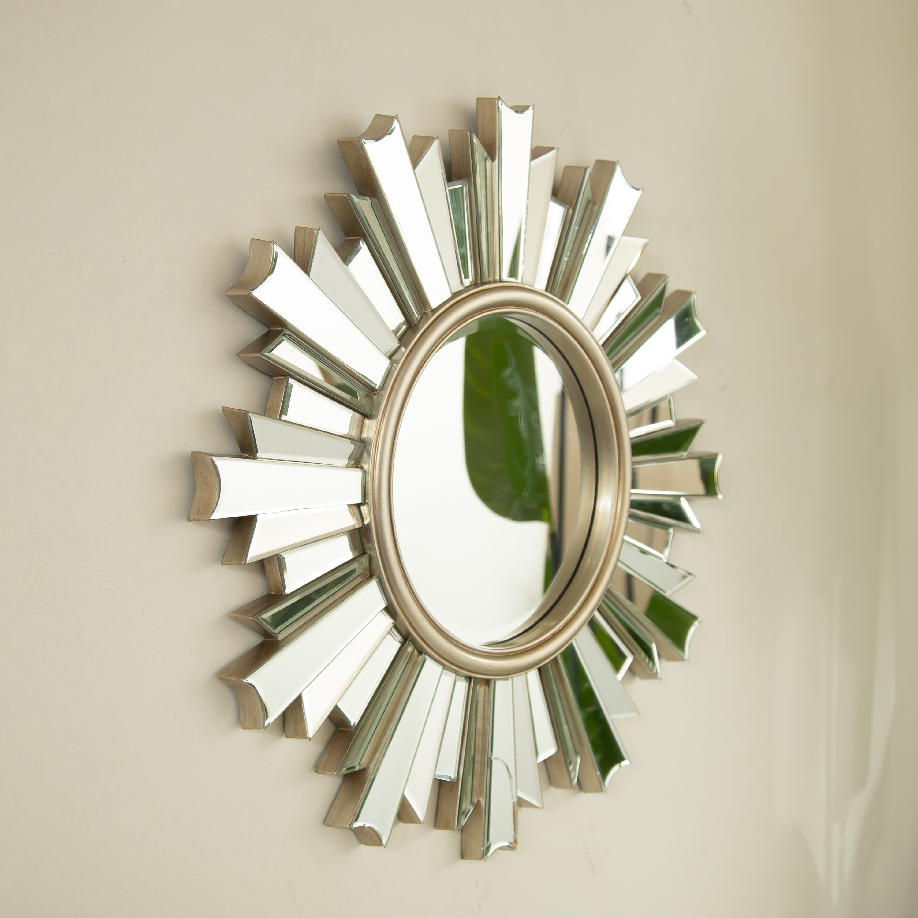 Sunburst Wall Mirror – PU Frame Silver 25.59" diameter for Bathroom,