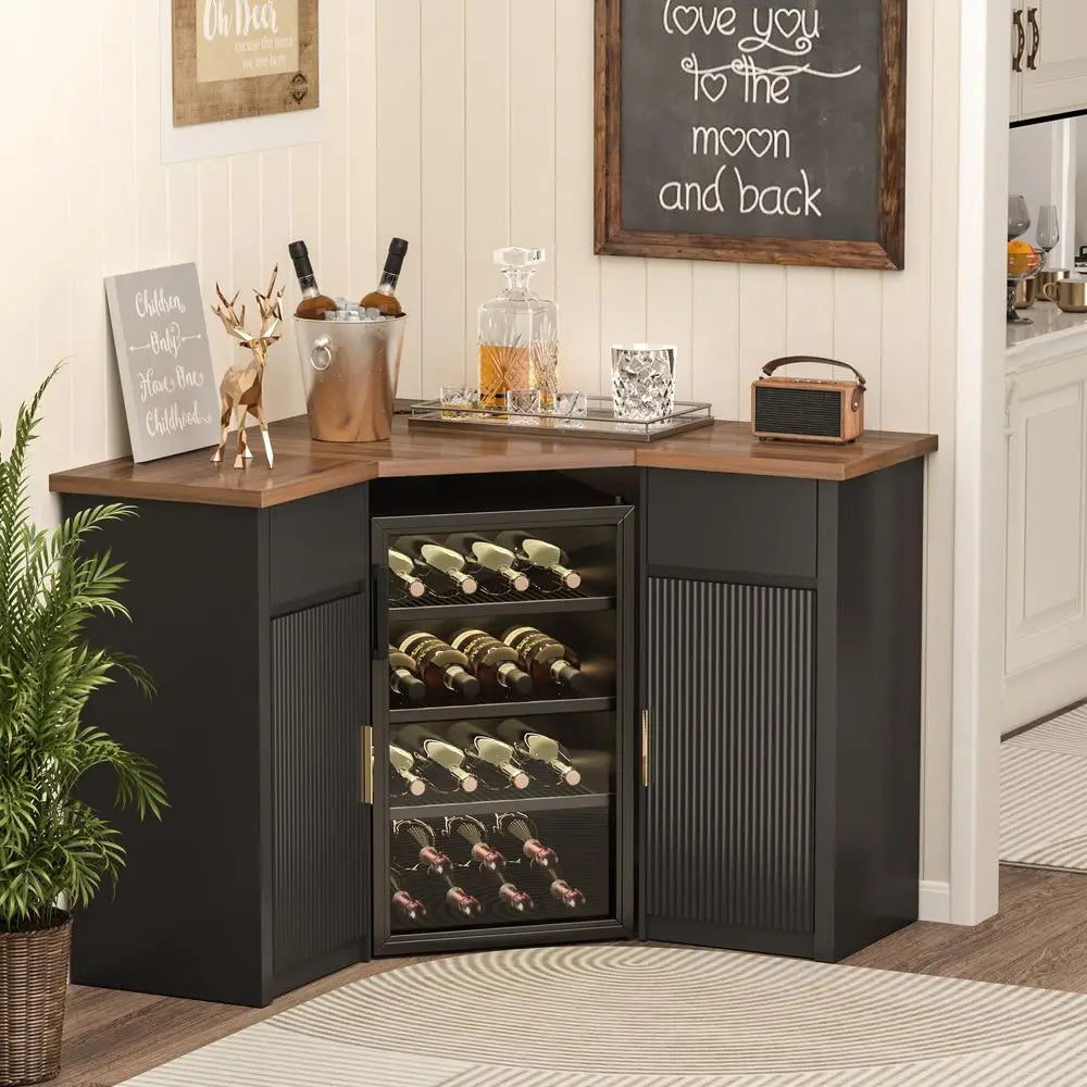 Corner Bar Cabinet with Fridge Space, Corner Coffee Bar Station with Storage, L Shaped Liquor Wine Cabinet for Home