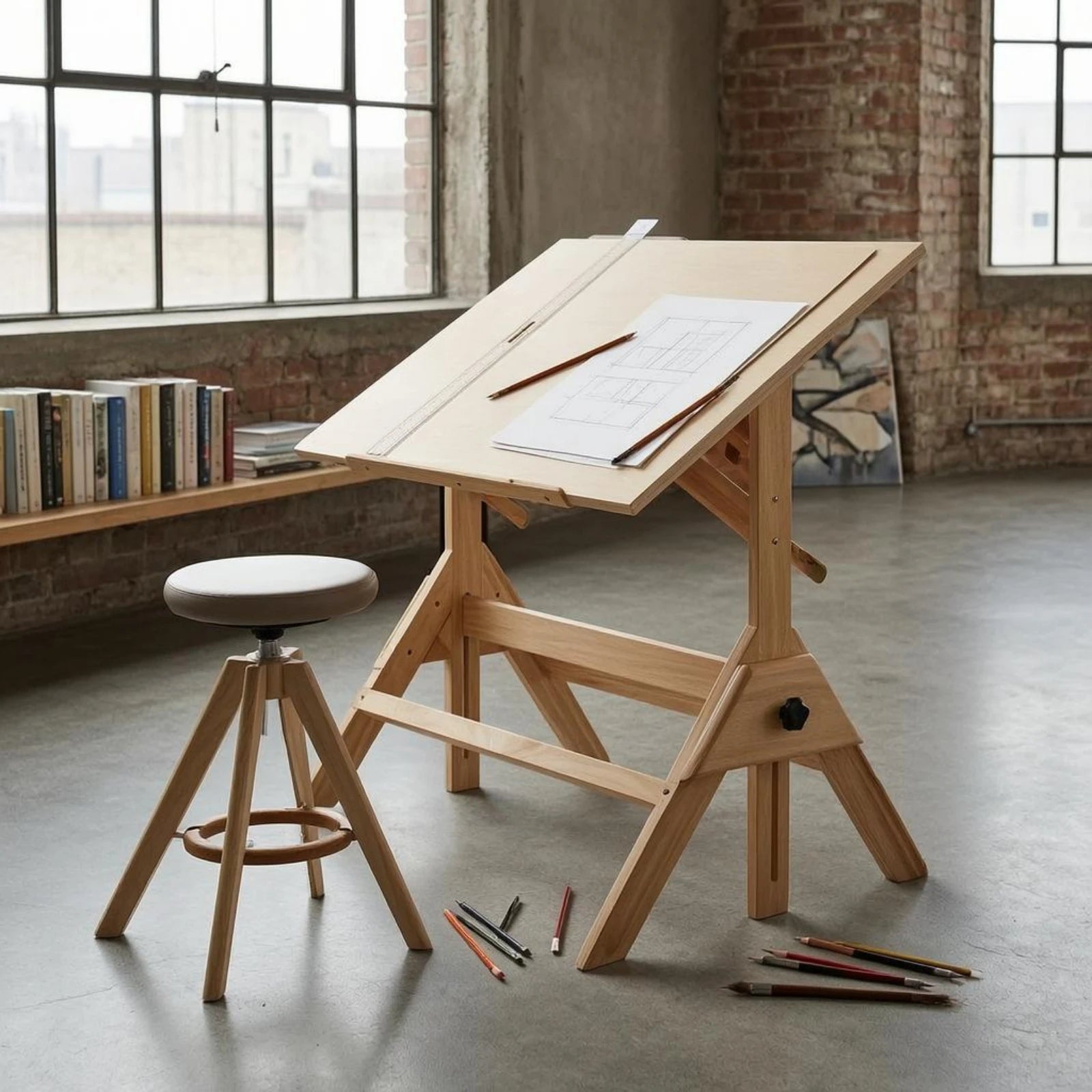 Adjustable Drafting Table L-Shaped Drafting Ruler Included Wooden Drafting Table Tilting Art Desk Built-in Ruler