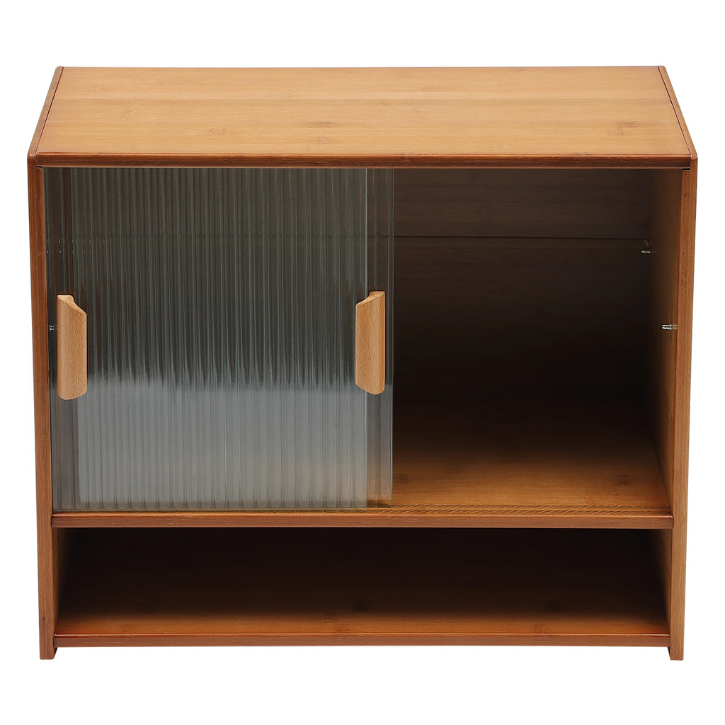 Bymaocar Display Cabinet Kitchen Pantry Sideboard Storage Cabinet Bamboo Glass Vertical Stripe Door 3 Tier Open Platform 21.6x11 inch Adjustable Shelf 33 lbs Load Dust Proof Smooth Slide for Kitchen Dining Room Living Room