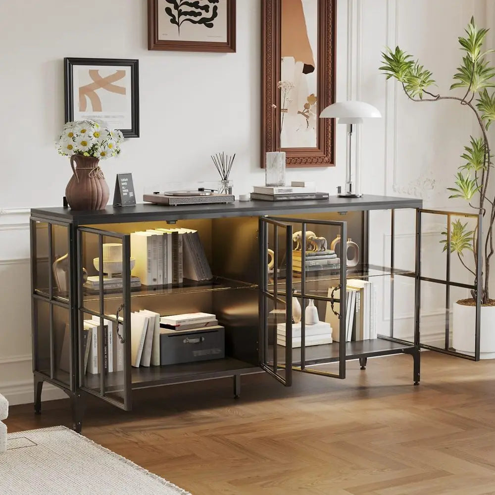 63 Wide Metal LED-lit Sideboard with Tempered Glass Doors for Living, Dining, Kitchen Spaces in Black