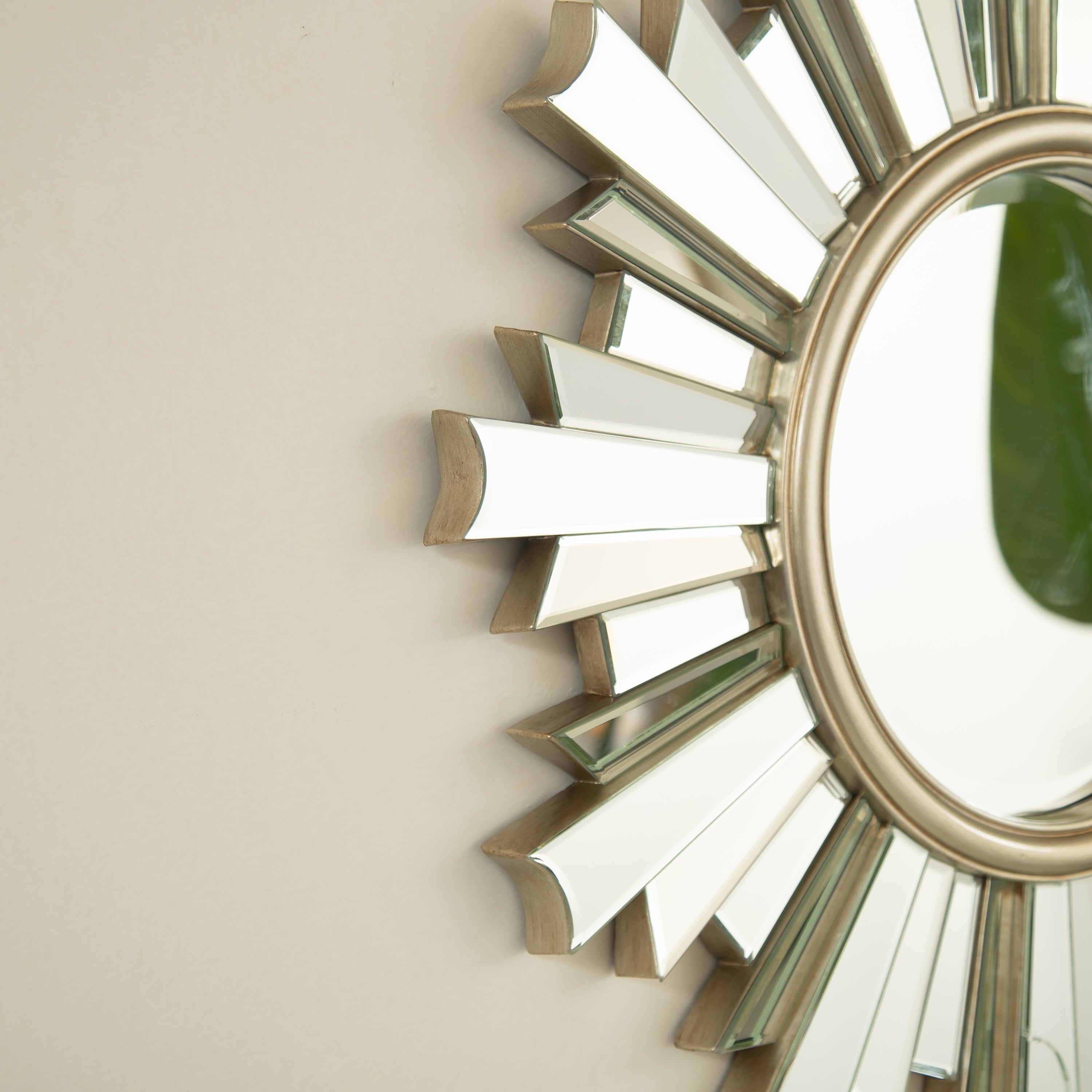 Sunburst Wall Mirror – PU Frame Silver 25.59" diameter for Bathroom,