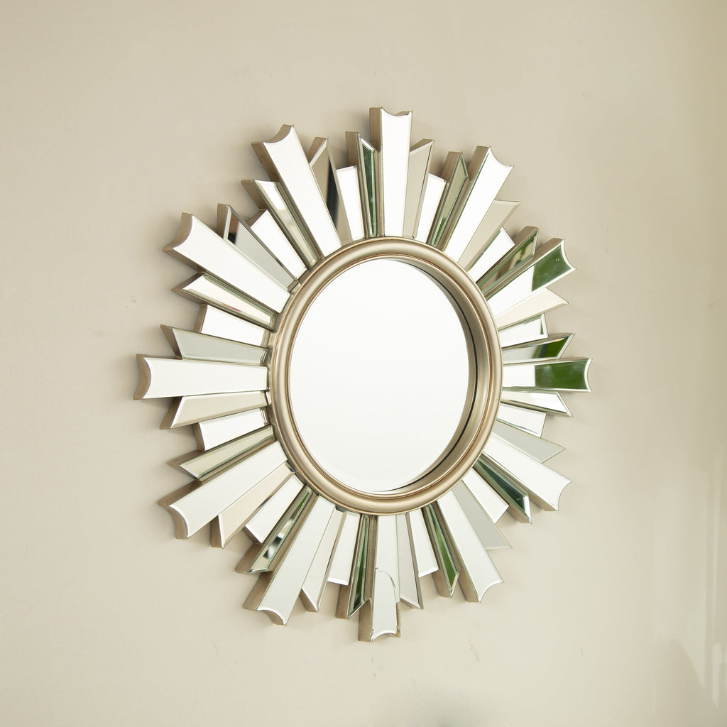 Sunburst Wall Mirror – PU Frame Silver 25.59" diameter for Bathroom,