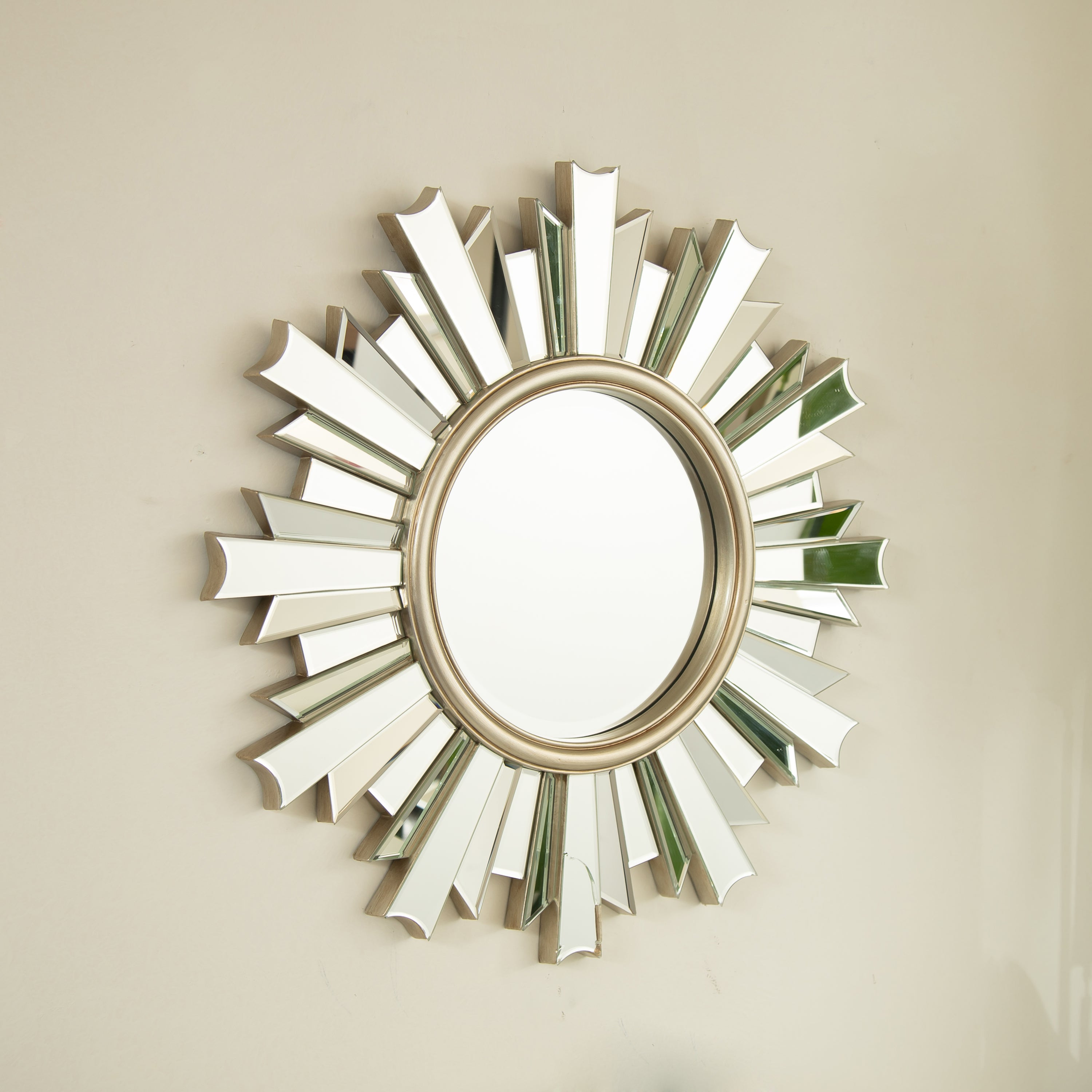 Sunburst Wall Mirror – PU Frame Silver 25.59" diameter for Bathroom,