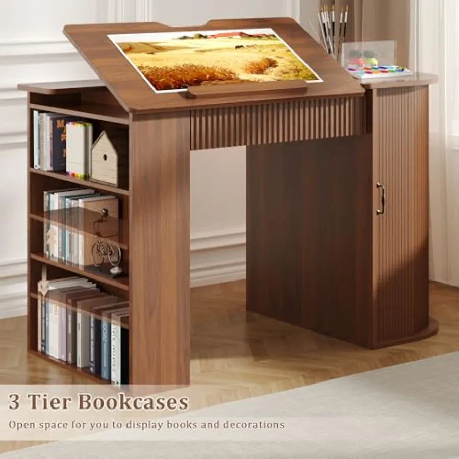 Drafting Table with Storage Cabinet and Drawers Crafting Table with Open Shelves Fluted Drawing Desk Computer Desk for Artists