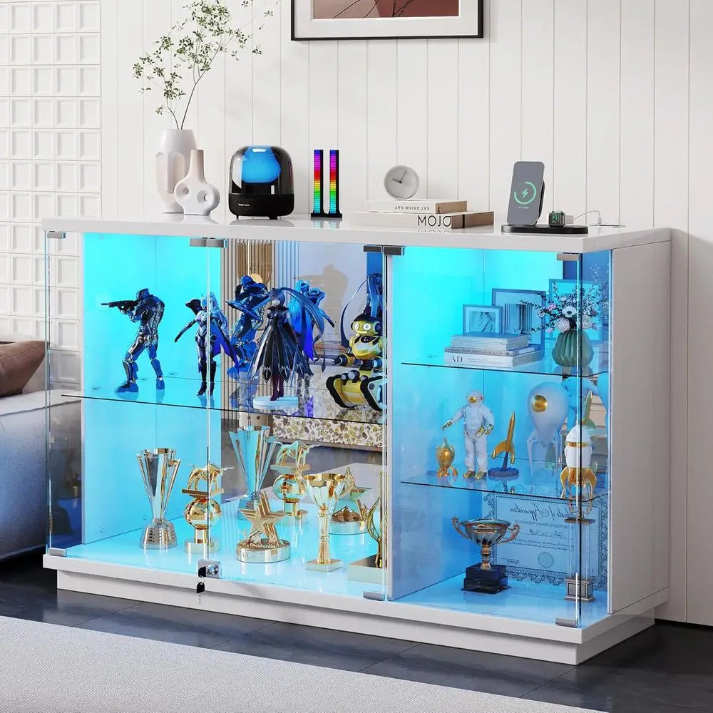 47.2 White Glass Display Cabinet with 3-Color LED, 5-Tier Lockable Curio Cabinet, Human Body Sensor, Charging Station for Collec
