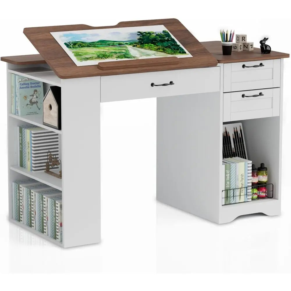 Drating Table with Storage Cabinet & Ders, Adjustable Ding Table with Open Shelves, Crat Art Desk or Artists, Painters, Ding, Cr