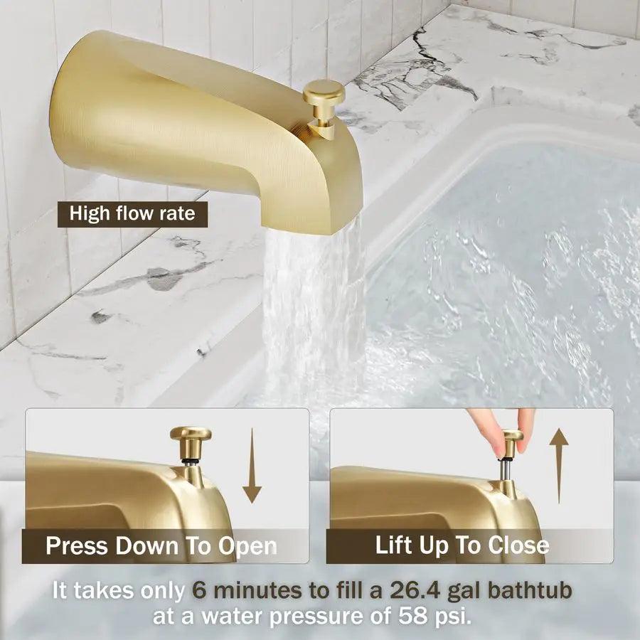 Shower Faucet, Brushed Gold Shower Faucet Set with 6Inch AllMetal Rainfall Showerhead and Bathtub Spout, SingleHandle Tub Shower